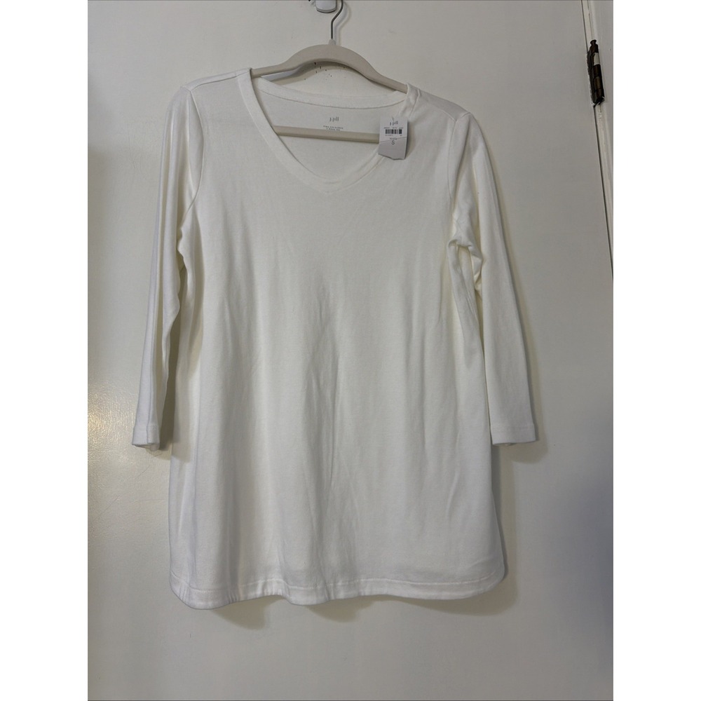 J JILL S White pullover Pima cotton  3/4 sleeve tee top v-neck new Closet Staple